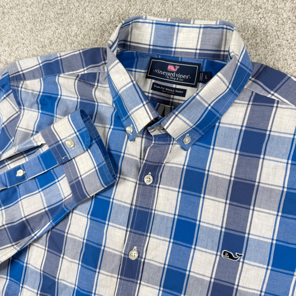 Vineyard Vines Button Down Shirt Mens L Blue Plaid Slim Fit Whale Shirt